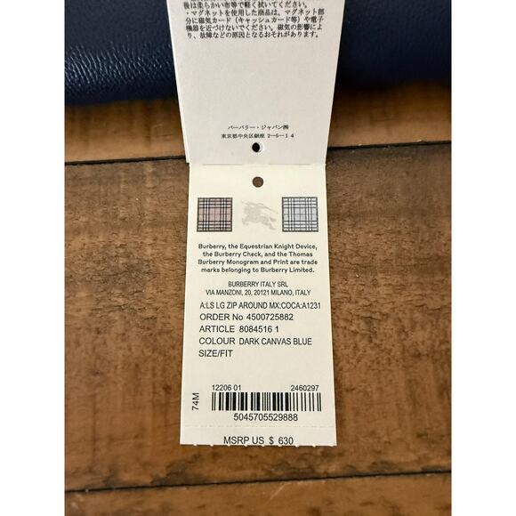 Burberry Wallet Womens Large Zip Around Dark Canvas Blue Check Leather Italy New - Picture 2 of 10